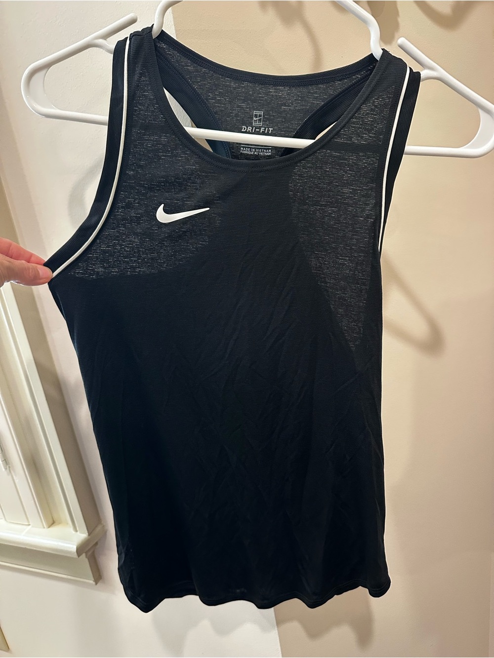 Nike Women’s Dri Fit Lightweight Racerback Black with White Piping Trim
